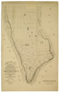 Mapa que muestra la marca de agua alta y baja y las concesiones originales de la ciudad de terrenos bajo el agua hechas a varias partes desde 1686 hasta 1873, extendiéndose desde Battery hasta la Calle Cincuenta y Uno, Judson y East Rivers de American School